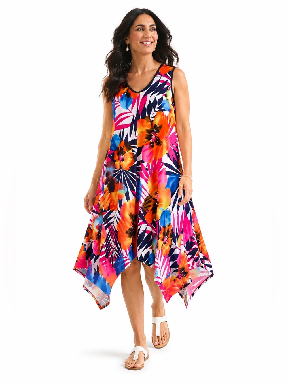 Tropical Floral Handkerchief Hem Dress M Stretch Resort